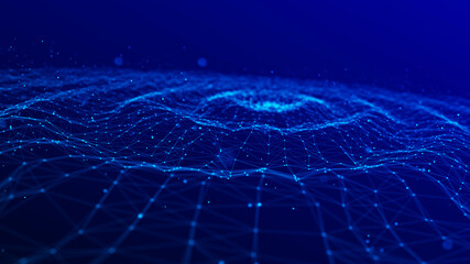 Wave of particles. Abstract background with a dynamic wave. Futuristic wave of blue dots. Futuristic particles background. Big data visualization. 3D rendering.
