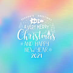 Christmas Greeting Card. Merry Christmas lettering on holographic background