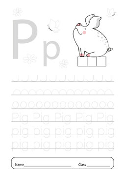 Writing practice letter P printable worksheet for preschool.Exercises for little children. Vector illustration