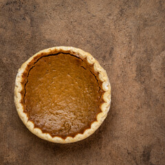 small pumpkin pie on a handmade bark paper with a copy space, Thanksgiving and fall holidays concept