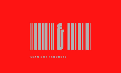 Premade barcode logo initials monogram  silver modern bar code on red background