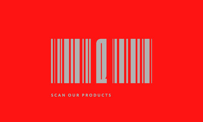 Premade barcode logo initials monogram  silver modern bar code on red background