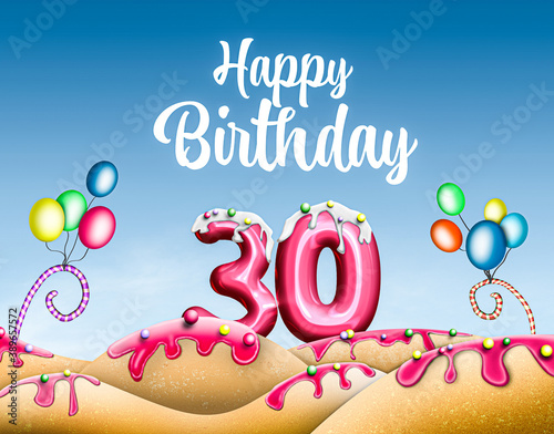 Fototapete Bunte Geburtstagskarte Happy Birthday Mit Süßen Elementen Zum 30  Geburtstag 30-Mediaparts
