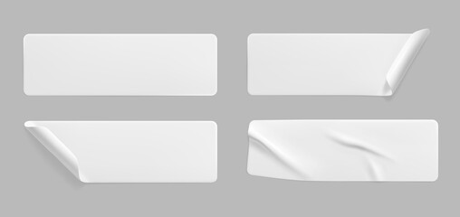 White glued crumpled stickers with curled corners mock up set. Blank white adhesive paper or plastic sticker label with wrinkled and creased effect. Template label tags close up. 3d realistic vector