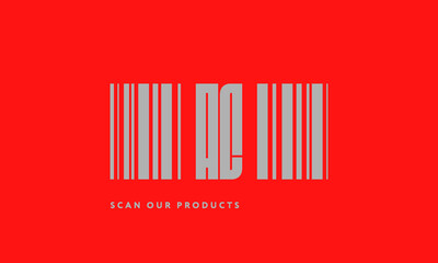 Premade barcode logo initials monogram  silver modern bar code on red background