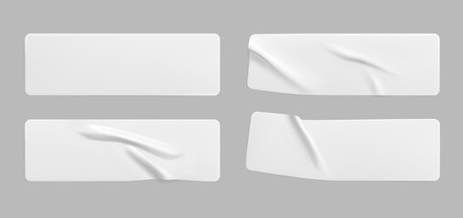 Fototapeta premium White glued crumpled rectangle stickers mock up set. Blank white adhesive paper or plastic sticker label with wrinkled and creased effect. Template label tags close up. 3d realistic vector