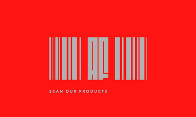 Premade barcode logo initials monogram  silver modern bar code on red background