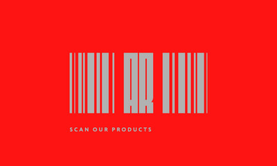 Premade barcode logo initials monogram  silver modern bar code on red background