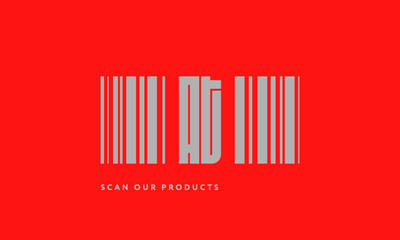 Premade barcode logo initials monogram  silver modern bar code on red background