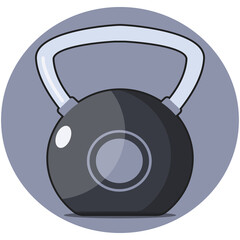 A dark grey kettlebell cartoon illustration icon with rounded circle inside and a light blue handle and coloured background