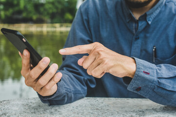 Close up man using mobile smart phone ,business, people, cellphone, touchscreen, touchphone, cell, businessman, smartphone, phone, telephone, lifestyle, technology, device