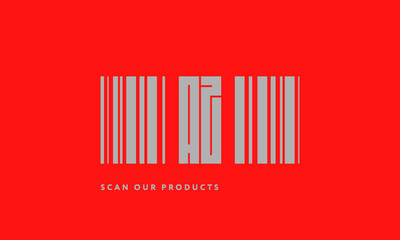 Premade barcode logo initials monogram  silver modern bar code on red background