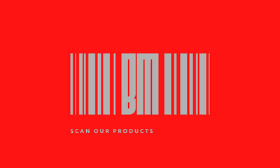 Premade barcode logo initials monogram  silver modern bar code on red background