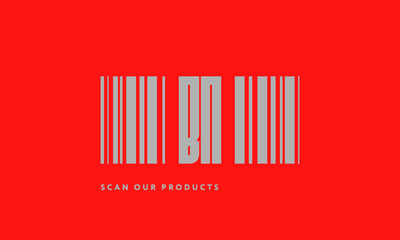 Premade barcode logo initials monogram  silver modern bar code on red background