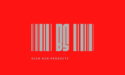 Premade barcode logo initials monogram  silver modern bar code on red background