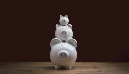 Fototapeta na wymiar three white ceramic piggy bank on wood table. family Piggy Bank