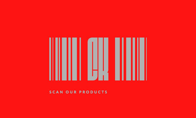 Premade barcode logo initials monogram  silver modern bar code on red background
