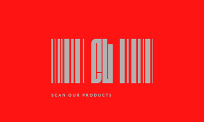 Premade barcode logo initials monogram  silver modern bar code on red background