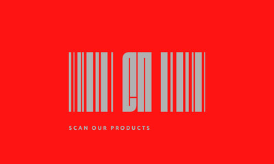 Premade barcode logo initials monogram  silver modern bar code on red background