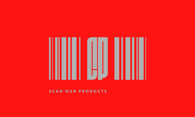 Premade barcode logo initials monogram  silver modern bar code on red background