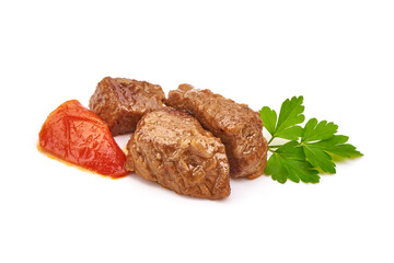 Pork stew with herbs, isolated on white background