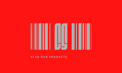 Premade barcode logo initials monogram  silver modern bar code on red background