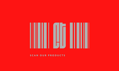 Premade barcode logo initials monogram  silver modern bar code on red background