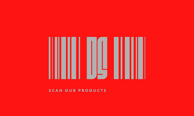 Premade barcode logo initials monogram  silver modern bar code on red background