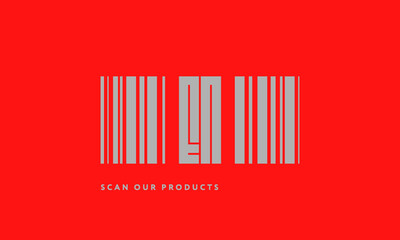 Premade barcode logo initials monogram  silver modern bar code on red background