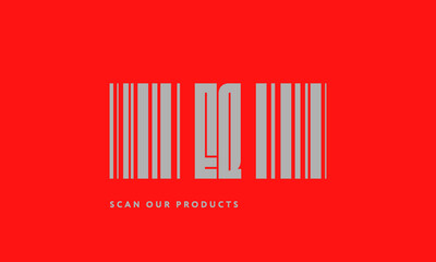 Premade barcode logo initials monogram  silver modern bar code on red background