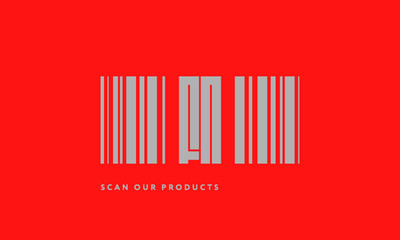 Premade barcode logo initials monogram  silver modern bar code on red background