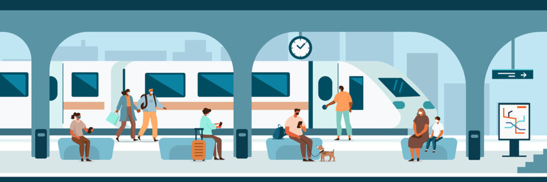People Characters wearing Facial Medical Masks standing and sitting on Railroad Station. Passengers waiting a Train. Social Distancing in Public Transport Concept. Flat Cartoon Vector Illustration.