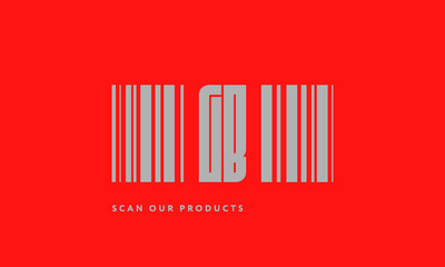 Premade barcode logo initials monogram  silver modern bar code on red background