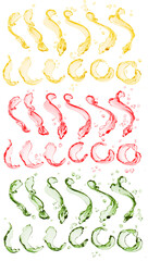 Fototapeta premium Juice of splash colorful color, set of splash 3d illustration, yellow, red, green, isolated 3d rendering