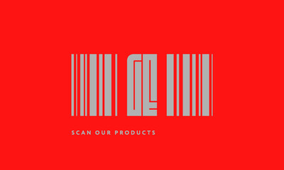 Premade barcode logo initials monogram  silver modern bar code on red background