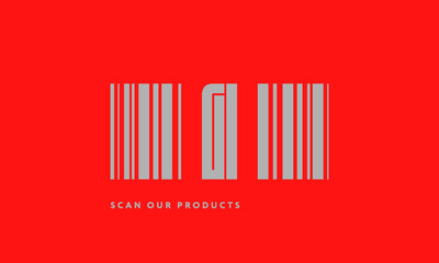 Premade barcode logo initials monogram  silver modern bar code on red background