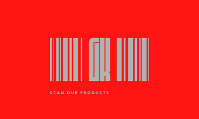 Premade barcode logo initials monogram  silver modern bar code on red background