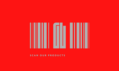 Premade barcode logo initials monogram  silver modern bar code on red background