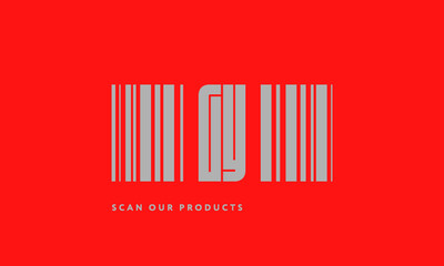 Premade barcode logo initials monogram  silver modern bar code on red background