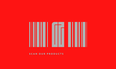 Premade barcode logo initials monogram  silver modern bar code on red background