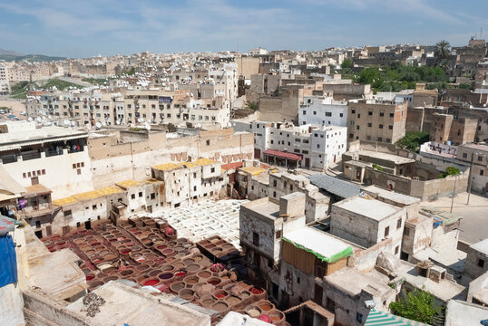 Aerial Panoramic View Of A Tannery And The Old Town Of Fes El Bali In Morocco