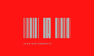 Premade barcode logo initials monogram  silver modern bar code on red background