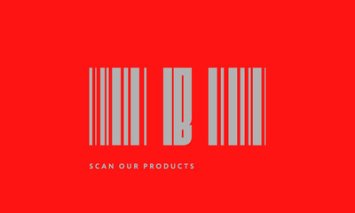 Premade barcode logo initials monogram  silver modern bar code on red background