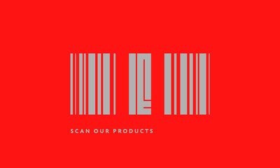 Premade barcode logo initials monogram  silver modern bar code on red background