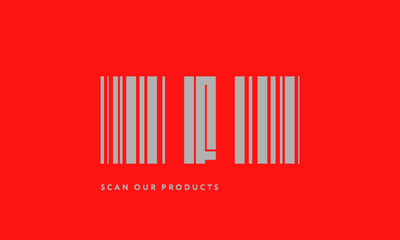 Premade barcode logo initials monogram  silver modern bar code on red background