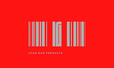Premade barcode logo initials monogram  silver modern bar code on red background