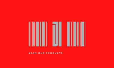 Premade barcode logo initials monogram  silver modern bar code on red background