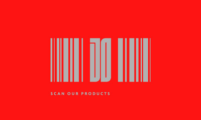Premade barcode logo initials monogram  silver modern bar code on red background