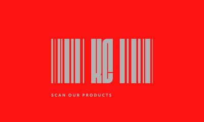 Premade barcode logo initials monogram  silver modern bar code on red background