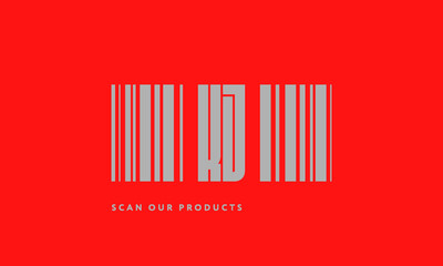 Premade barcode logo initials monogram  silver modern bar code on red background